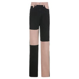 Patchwork Casual Blue Straight Long Jeans Pants Women Skinny Slim Elegant High Waist Denim Trousers Ladies