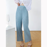 Folded Casual Trousers Women Simple And Comfortable Elastic High-Waist Straight Trousers Solid Color Wrinkles