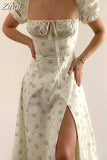 Floral Print Summer Dress Women Puff Sleeve Square Collar Elegant Split Sexy Cotton Long Party Dress Casual Boho Beach