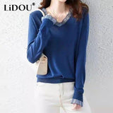 Winter V-neck Mesh Patchwork Elegant Fashion Sweater Ladies Loose Casual All-match Knitting Pullover Female Sweet