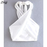 Women Sexy Solid Color Cross Halter Short Blouse Femme Summer Back Elastic Smock Shirt Chic Crop Linen Blusas Tops