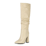 New Autumn Winter Zebra Print Women Boots Fashion Pleated Square High Heel Knee High Boots Ladies Slip On Pointed Toe