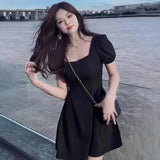 Women's Sweet Dress Square Neck Puff Short Sleeve Slim Sweet Fashion Versatile Dress Korean Version Solid
