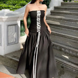 Black Tube Ruched Lace Up Maxi Dress-Outfit