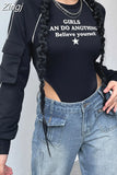 Streetwear Stripe Stitching Cargos Black Autumn Bodysuit Women Tops Fashion Elegant Bodies Pockets One Piece