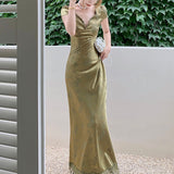 2021 Summer Women Satin Party Dress Sexy Backless Lace Up Vintage Print Lace Crochet Green Silk Long