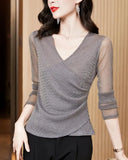 V-neck Mesh T-shirts Women Slim Full Sleeve Shinning Tshirt Female Folds Elegant Tees