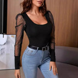Zingj Women's Wear 2024 Summer New U Collar Mesh Sleeve Splicing Pure Color Versatile Show Thin Temperament T-Shirt Women's