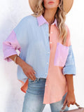 New Long-sleeved Shirt Women's Contrast Color Stitching Off-the-shoulder Cardigan Shirt Fashion Casual Women's