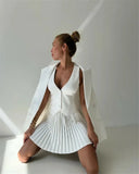 Solid V-neck Vest And Pleated Mini Skirt Set-Outfit