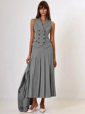 Buttoned Vest And Pleated Midi Skirt Two Piece Set- Outfit