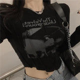 Print Cropped Tops 90s Vintage Women Long Sleeve Skinny T-shirt Y2K Female Autumn Basice Tees Harajuku