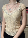 Women Floral Lace Cropped Top Patchwork Sexy Casual Short Sleeve V Neck Skinny Streetwear Chic Korean Fashion
