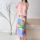 Folded New Frosted Dress Dress Fashion Retro Print Fork Medium Long Skirt
