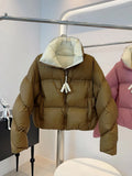 High-End White Duck Velvet Contrast Color Bread Clothing Women Winter New Puffs Feeling More Thick Loose Couples Fashion Coat Tide-Outfit