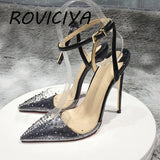Women pumps 2020 transparent 10cm thin high heels fashion sexy pointed toe 8cm slip-on party black big size shoes SJ003