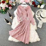 Fashion Women Two Pieces Set Batwing Sleeve Knitted Lurex Pullover Sweater Pleated Midi Skirt Solid Female