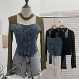 Sexy Hollow Hanging Neck Cowboy Splicing Mesh Strap With Irregular Long-Sleeved T-Shirt Short Top
