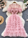 French Sweet Lace Hollow Out Dress 2023 Summer Short Sleeve O Neck Long Dress Women Elastic Waist Sheath Cake