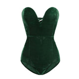 Burgundy Strapless Velvet Sexy Bodysuit Women Sweetheart Bodycon Backless Lace Up Body 2022 V Neck Party