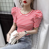 Summer Girls O-neck T-shirts Tops Woman Slim Short Puff Sleeve Vintage Striped T-shirt Tee