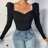 Fashion Autumn New Women T-shirt Long Sleeve V Collar Top Solid Color Skinny Fitting Casual Tees for Shopping Daily