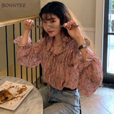 Women Sweet Girls Spring Floral Short Chiffon Ruffles Butterfly-Sleeve V-neck All-match Trendy Holiday Prairie Chic