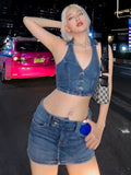 Y2K Aesthetics Button Up Denim 2 Piece Sets 2000s Sexy V-neck Halter Tops and High Waist Jean Skirt Co-ord Suits