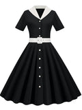 Solid Shirt Women Dress With Belt Button Hepburn Style Turn Down Collar Swing Dresses Retro Vintage 60s Rockabilly