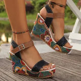 New Leisure Slope And Embroidery High Heel Sandals Women Buckle With Toe Thick-Soled Women's
