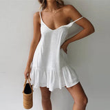 Spaghetti Strap Ruffle Dress Women Summer Dress Cotton Linen Vestidos Green Dresses Off Shoulder Sexy Mini