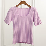Ribbed Maille T-Shirt Women Summer Ruffles Elastic Slim Square Neck Elegant Tshirt Tops 2021 Fashion Tees