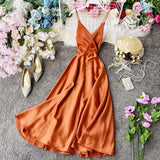 2022 Summer Women Slip Satin Dress Backless Belted Elegant Vacation Party Midi
