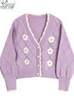 Autumn New Sweet Flowers V-neck Long Sleeve Button Knitted Coat Sweaters Harajuku Women Cardigan Fashion Korean Knitted