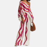 2025 New Set Women's Printed Round-Neck Loose Bat Sleeves Wide Leg Trousers Fashion