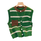 Neck Knitted Cardigan Vest Women's Loose Impact Color Pocket Striped Vest A Variety Of Small Shoulder Sweaters Leisure