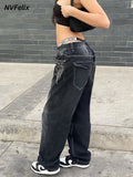 Printed Cargo Jeans Y2K Dark Blue Brown High Waist Streetwear 90S Baggy Trousers Women Pants Straight Wide Leg