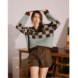 Plaid Sweater Women 2022 Autumn Korean Fashion Turn-down Collar Pullover Knitted Tops Casual Female Clothing