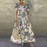 Floral Long Dress Women Summer Elegant Linen Short Sleeve Boho Maxi Dress Female Holiday Sundress Party Dresses