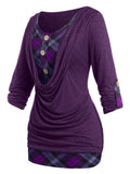 Front Roll Up Sleeve Plaid Tee Faux Twinset Tee 2 In 1 Women Tees 2FerTwofer