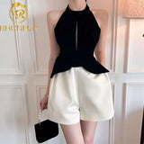 Summer Runway Designer Women Patchwork Shorts Playsuit Blackless Sexy Halter Romper Rufless Elegant Party Rompers
