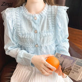 Pearl Blouse Women Spring Summer Elegant Design Ruffles Lace Shirt Female Korean Style Sweet O-Neck Long Puff Sleeve
