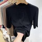 Zingj Wind Advanced Sense Pure Color Half High Collar Five Minutes Sleeve Sleeve T Shirt Female Slim Slim Inside The Bottom Shirt