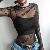 Women Mesh T-Shirts See-Through Perspective Tshirt Letter Printed O Neck Transparent Long Sleeve T Shirt Tops