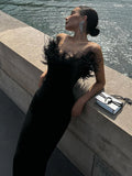 Feather Strapless Maxi Dress For Women Gown Summer Off-shoulder Backless Night Club Party Fishtail Long Dress