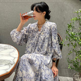 Zingj Chic Spring French Vintage V-Tie Bow Ink Print Design Loose Long Sleeve