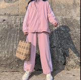 BF Oversized Sets Women Solid Zipper Sweater Elastic High Waist Wide Leg Soft Pants Simple Casual Korean Daily Student