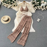 Zingj Bikini Top High Waist Straight Leg Wide Leg Pants Knit Hollowed-Out Pants