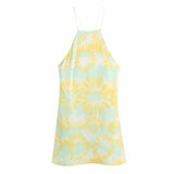 Print Hatler Camis Women Mini Dress 2021 Summer Vintage Sexy Backless Cross Straps Beach Holiday Female