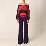2025 New Set Women's Printed Round-Neck Loose Bat Sleeves Wide Leg Trousers Fashion